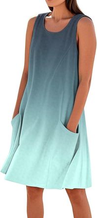 Generic Boho Dresses for Women UK Vintage Summer Loose Sleeveless Swing Sundress Ladies Bohemian Floral Print Beachdress with Pockets,Green,M