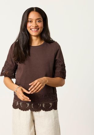 Fat Face FatFace Crochet Detail T-Shirt in Chocolate Brown
