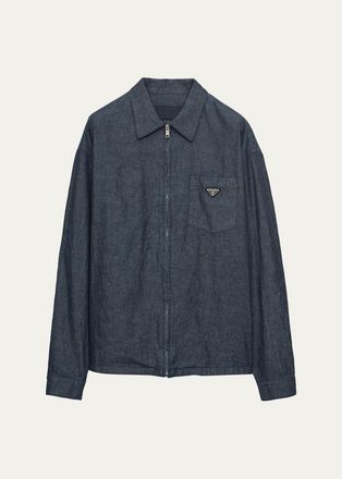 Prada Mens Washed Chambray Zip-Front Shirt