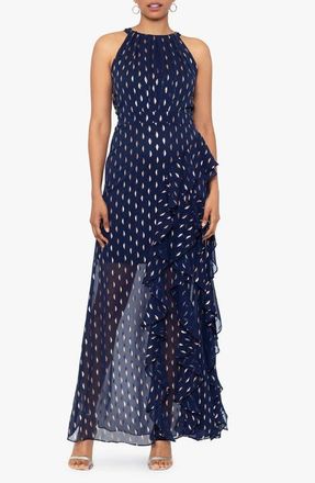 Betsy & Adam Metallic Clip Dot Ruffle Halter Neck Chiffon Gown in Navy/copper at Nordstrom, Size 14