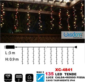 Trade Shop Trade Shop - Tenda Luminosa Natalizia 135 Led Luce Calda+rosso Fissa Cavo Trasparente Xc-4841