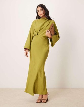 Asos Vestito lungo taglio sbieco a maniche lunghe raccolto in vita color verde oliva