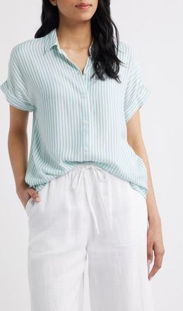 Beach Lunch Lounge Kenzie Stripe Short Sleeve Button-Up Shirt in Cucumber Mint at Nordstrom, Size X-Small