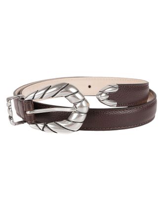Iro Textured Dark Brown Leather Slim Belt with Twisted Rope Buckle