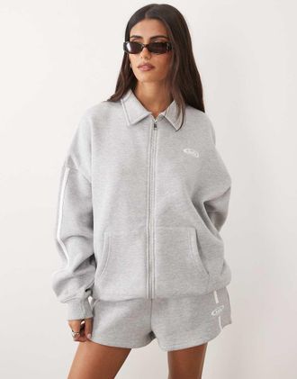 KAIIA felpa oversize con zip, colletto, dettaglio logo ricamato e banda laterale, in misto cotone, grigio m&eacute;lange, coordinato