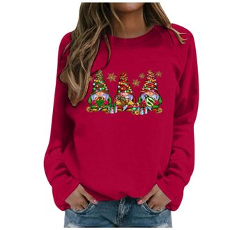 Generic Christmas For Women Shirts Funny Gnome Doll Print Pullover Cute Long Sleeve Crewneck Hoodies Ladies Christmas Sweatshirt Tops Xmas Loose Pullover Tuni