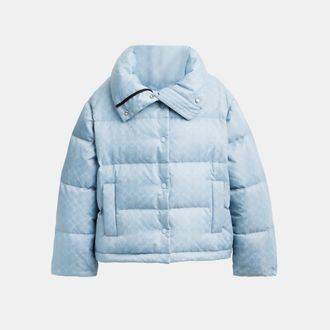 Coach Womens Signature Jacquard Short Puffer - Dark Blue - Size X-Small