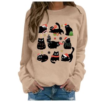 Generic Christmas Jumpers Christmas Cat Sweatshirts Black Cat Christmas Lights Shirt Crewneck Holiday Pullover Sweater Long Sleeve Pullover Blouse Crew Neck O