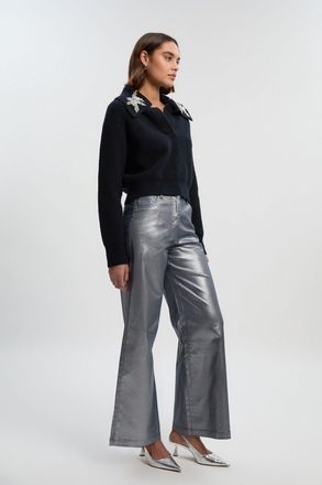 Karen Millen Womens Metallic Coated Denim Wide Leg Jean - Silver Cotton - Size 14 UK