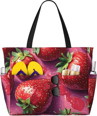 Generic Pink Strawberry Print Large Beach Bag Foldable Travel Shoulder Tote Bag With Pocket For Weekender Pool Vacation