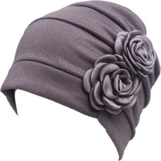 Generic Pre Tied Headwrap Chemo Beanie Hat Headwear Women Turban Beanie Hat with Side Flower (Grey Double Flower)