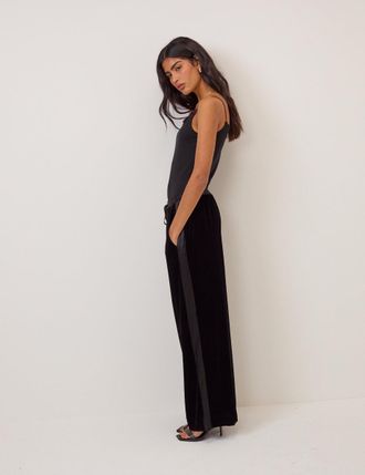 Nobody's Child Black Velvet Contrast Satin Side Striped Trousers