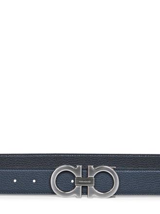 Ferragamo Mens Belt Two-Tone Gancini Reversible Blue Calf Leather