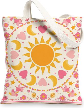 Generic Sun and Moon Canvas Tote Bag, Floral Reusable Shopping Bags, Lightweight Cotton Shoulder Straps 13x15 Inch