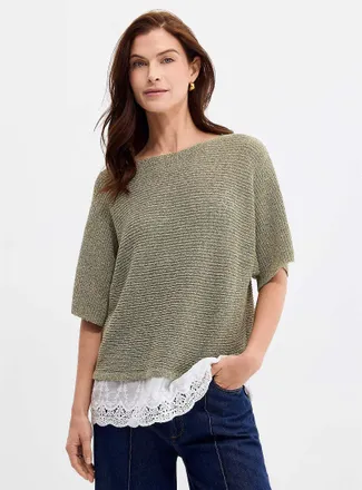 Contemporaine Womens Lace insert boxy-fit boucl&eacute;-knit sweater