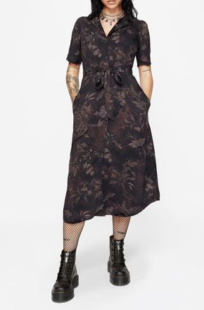 Disturbia Ashmire Moth Print Tie-Waist Shirt Dress in Black at Nordstrom, Size 2