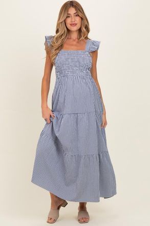 Pinkblush Gingham Ruffle Strap Smocked Maxi Dress in Navy Blue at Nordstrom, Size Medium