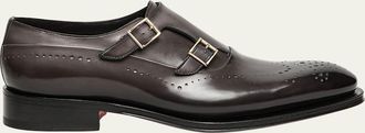 Santoni Mens Kaj Brogue Leather Double-Monk Strap Loafers