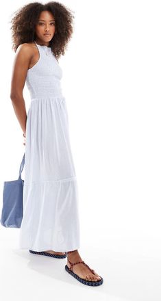Esmée Exclusive shirring halter maxi beach dress in blue and white stripe-Multi