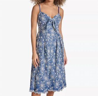 Kensie Embroidered Denim Knot-Front Midi Dress In Blue