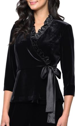 Alex Evenings Satin Frill Velvet Wrap Top in Black at Nordstrom, Size X-Large P