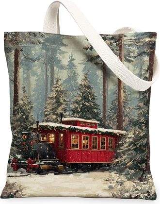 Generic Christmas Train Canvas Tote Bags, Festive Winter Scene Reusable Grocery Bags, Vintage Rustic Lightweight Washable Shoulder, Red, 13x15 Inch