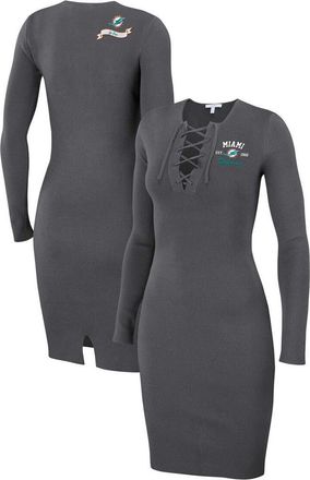WEAR by Erin Andrews Womens WEAR by Erin Andrews Charcoal Miami Dolphins Lace Up Long Sleeve Dress at Nordstrom, Size Xx-Large