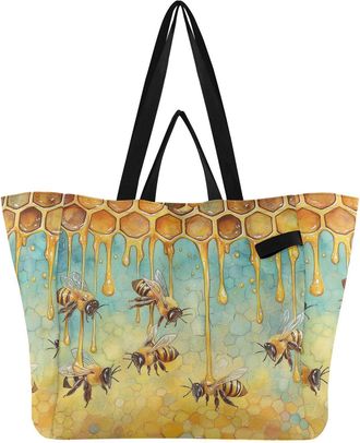 Generic Bee Yellow Blue print Reusable Canvas Tote Bag, Heavy Duty Grocery Shopping Bag with Hard Bottom Large Capacity Double Handles Work Groceries Travel