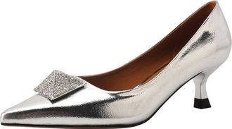 TinaCus Genuine Leather Womens Pointed Toe Handmade Kitten Heels Slip On Dress Pumps Shoes, Silver, 8 UK