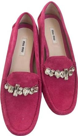 Miu Miu Fuschia Pink Embellished Suede Moccasins Size 37.5