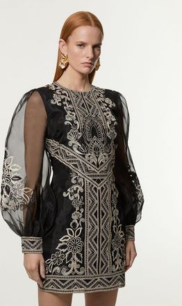 Karen Millen Womens Petite Embroidered Organdie Balloon Woven Mini Dress - Black - Size 12 UK