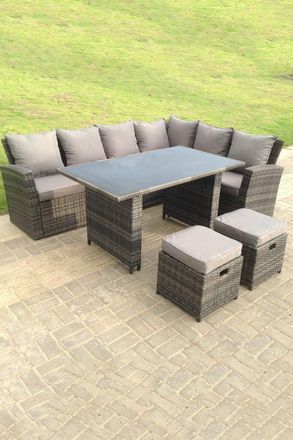 Fimous High Back Rattan Corner Sofa Dining Table With Stools 8 Seater right corner in Dark Grey