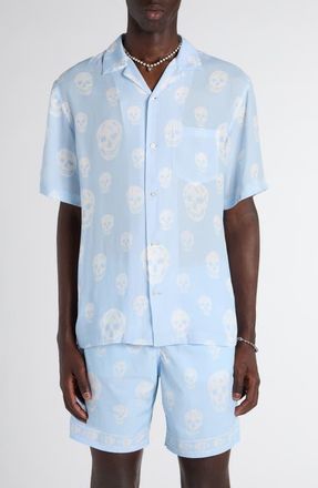 Alexander McQueen Skull Print Camp Shirt in Ice Blue at Nordstrom, Size 15.5
