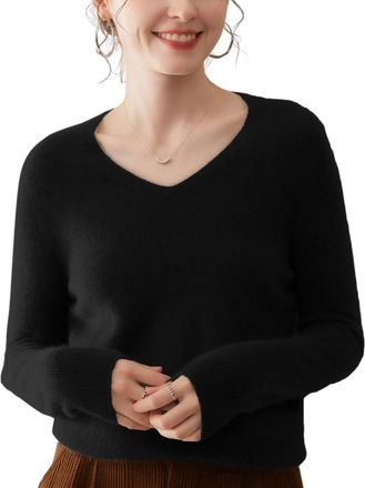 Dissa Women Cashmere Jumper Black V-Neck Knitted Jumper Long Sleeve Relaxed Cashmere&Wool Thin Plain Ladies Sweater,UK 12,MN655