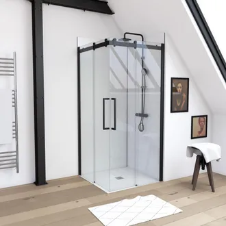 Aurlane Aurlane - Porta Doccia Industriale Con Apertura Ad Angolo Profili Nero Opaco