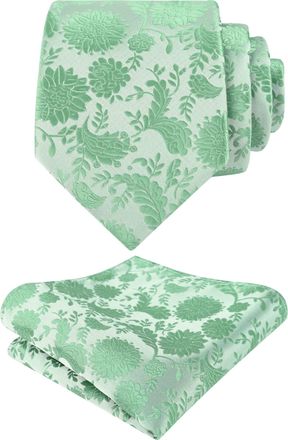Alizeal Mens Floral Tie with Pocket Square Fashion Elegant Wedding Business Necktie Set, Mung Bean Green