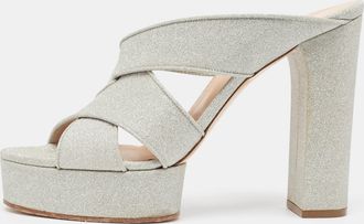 Casadei Silver Glitter Leather Slide Sandals