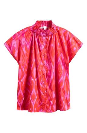 Sugarlips Blevin Ikat Patma Button-Up Mock Neck Top in Red-Pink-Combo at Nordstrom, Size 1 X