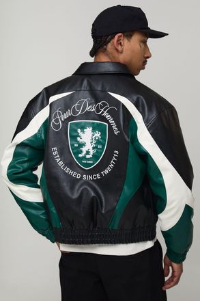 Boohooman Mens Boxy Fit PU Colour Block Panel Embroidered Varsity Jacket - Black - Size X-Large