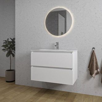 Saniclass Chaci Badkamermeubelset - 80x46x55cm - keramische wastafel wit - 1 wasbak - 1 kraangat - 2 lades - ronde spiegel met verlichting - mat wit