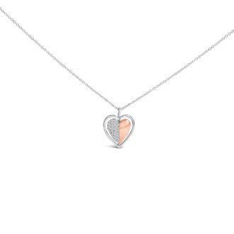 House of Brilliance 10K Rose Gold Plated Sterling Silver 1/5 Cttw Diamond Two-Tone Heart Pendant Necklace