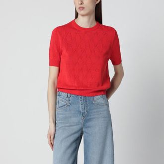 Gucci Coral red cotton and silk pointelle sweater with GG motif