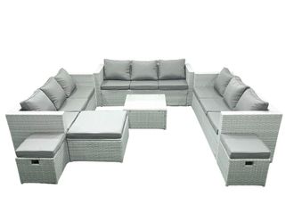 Fimous Rattan Garden Outdoor Furniture Set 12 Seater Rattan Garden Sofa Set with 3 Footstools Light Grey Mixed