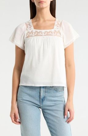 Lucky Brand Lace Mesh Detail Square Neck Cotton Top in Cream at Nordstrom, Size Xx-Large