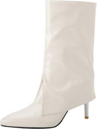 Generic Womens Pull on Mid-Calf Boots Pointed Toe Patent Leather Short Boots Stiletto High Heel Chelsea Boot,White,7.5 UK