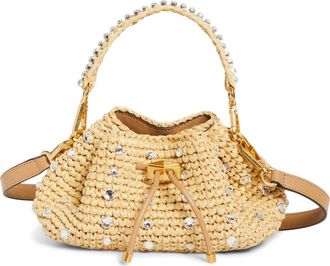 Jimmy Choo London Small Cinch Crystal Embellished Raffia Bucket Bag in Natural/Gold at Nordstrom