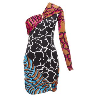 Versace Mixed Giraffe Print Logo Clip Body Con Wiggle Dress