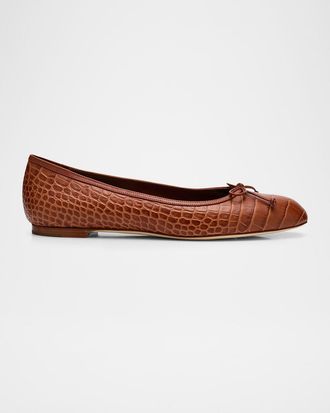 Manolo Blahnik Verallim Croc-Embossed Leather Ballerina Flats