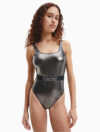 Calvin Klein Womens Core Festive Scoopneck Swimsuit - Metallic - XS