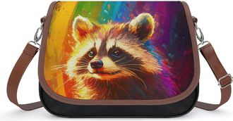 Generic Feral Raccoon Rainbow Crossbody Bag Womens Handbag PU Message Bags Shoulder Purse with Adjustable Strap
